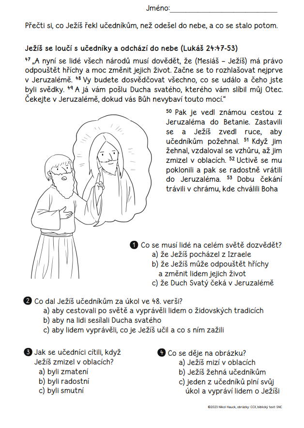 Pracovní list – Ježíš odchází do nebe - čtení s porozuměním