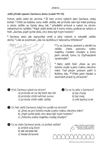Pracovní list – Zacheus - čtení s porozuměním